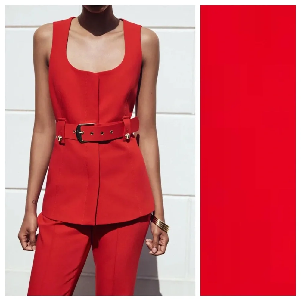 NWT. Zara Red Viscose Blend Long Vest with Belt. Size S.